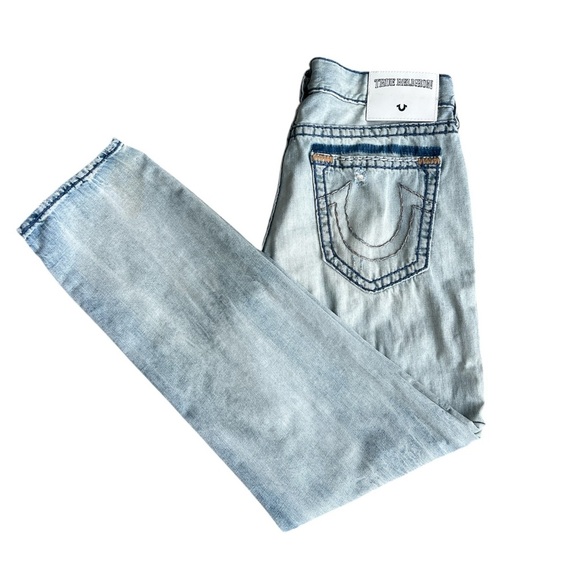 True Religion Athletic Geno Relaxed Slim Blue Straight Jeans Distressed - Picture 1 of 12